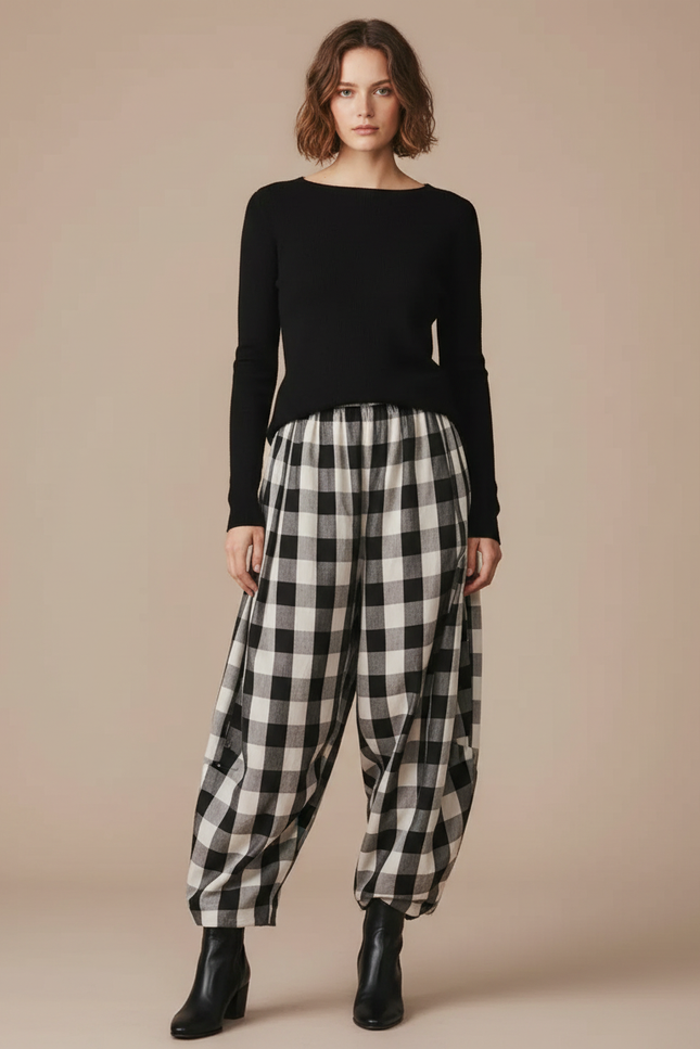 Pantalon Parachute Vichy Noir Blanc Ample Décontracté - Multicolore Coton