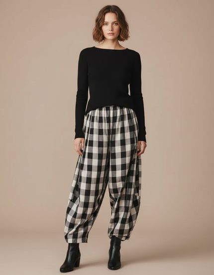 Pantalon Parachute Vichy Noir Blanc Ample Décontracté - Multicolore Coton