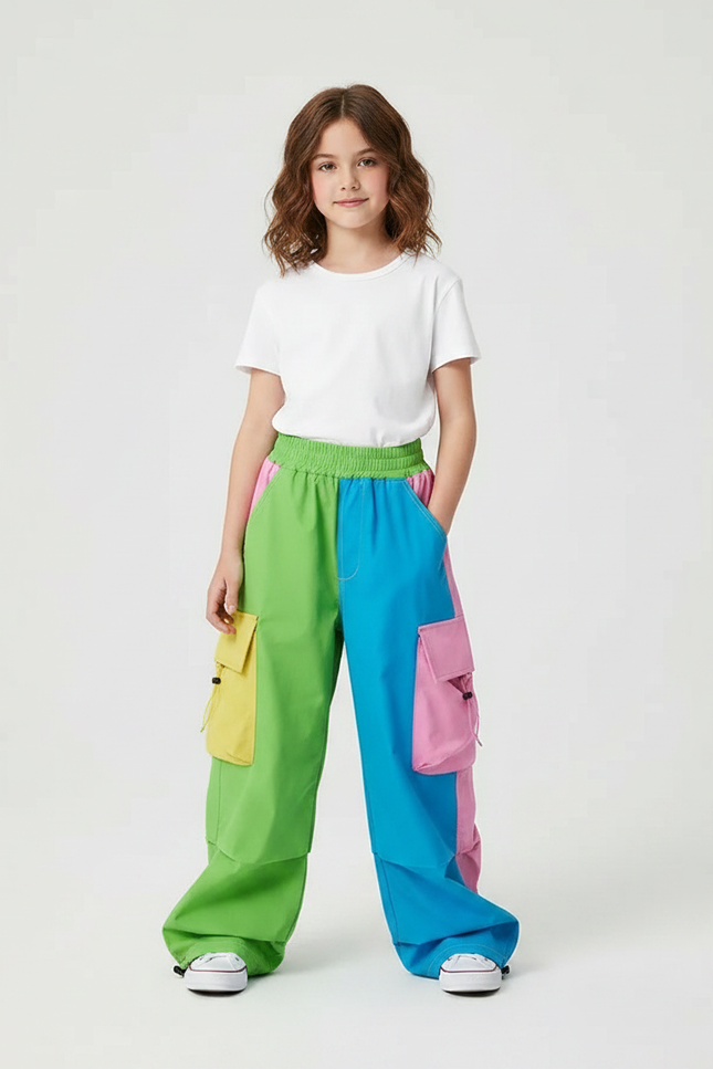 Pantalon Parachute Coloré Ample Cargo Fille - Multicolore Polyester