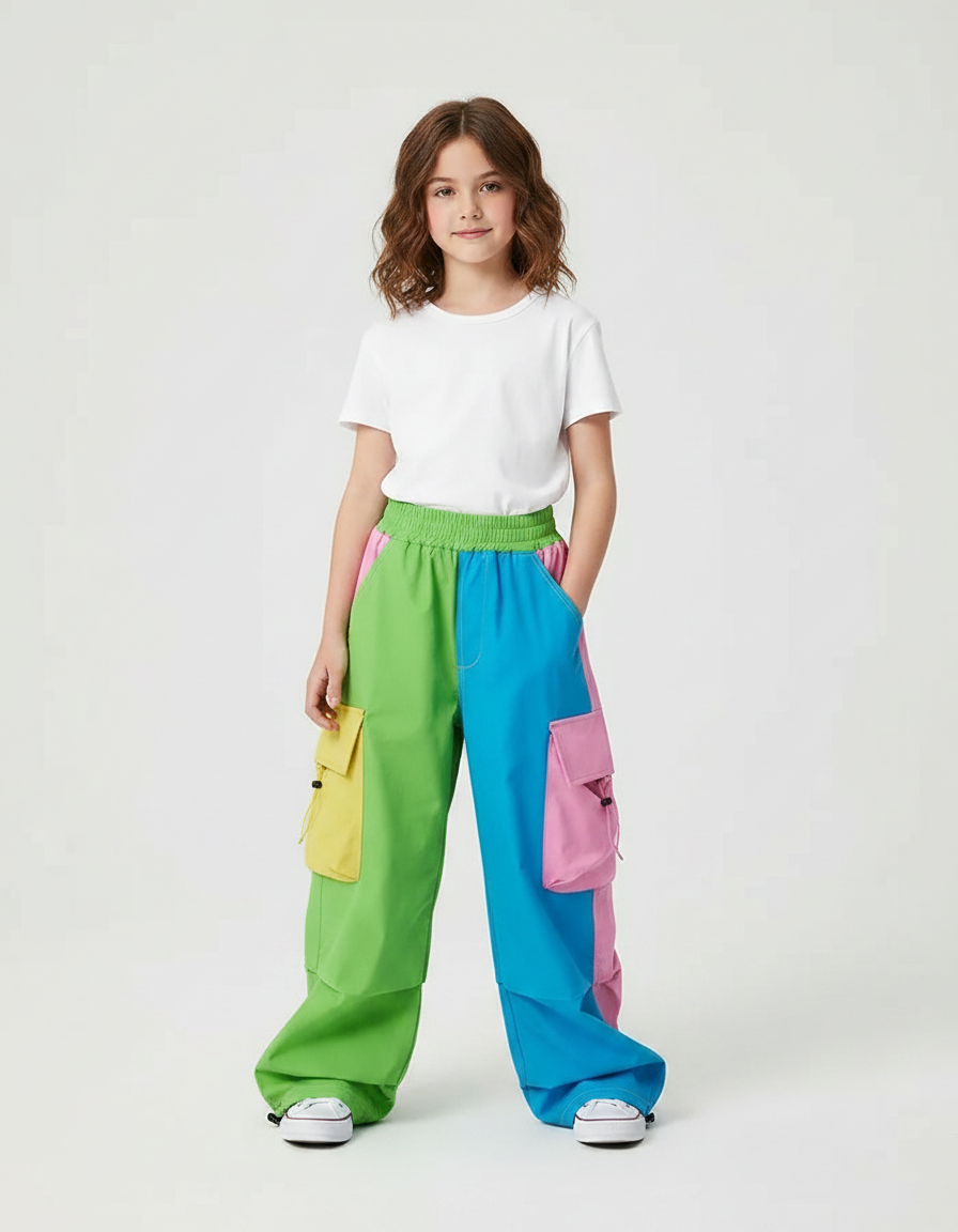 Pantalon Parachute Coloré Ample Cargo Fille - Multicolore Polyester