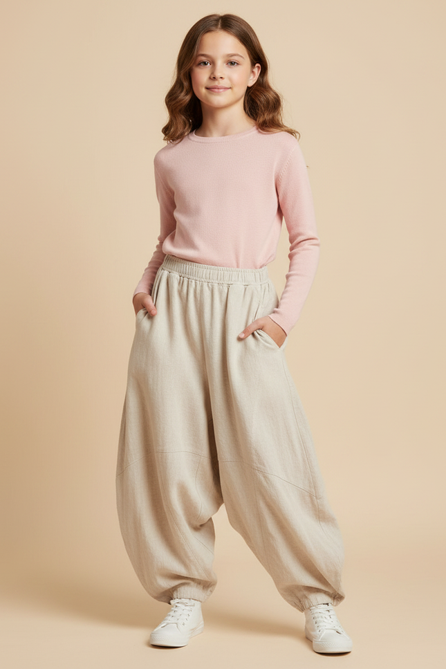 Pantalon Parachute Beige Ample Lin Décontracté Enfant