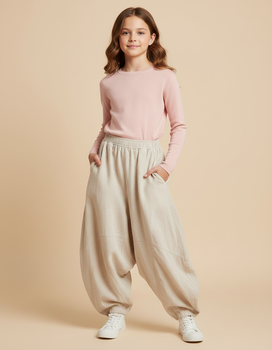 Pantalon Parachute Beige Ample Lin Décontracté Enfant