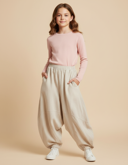 Pantalon Parachute Beige Ample Lin Décontracté Enfant