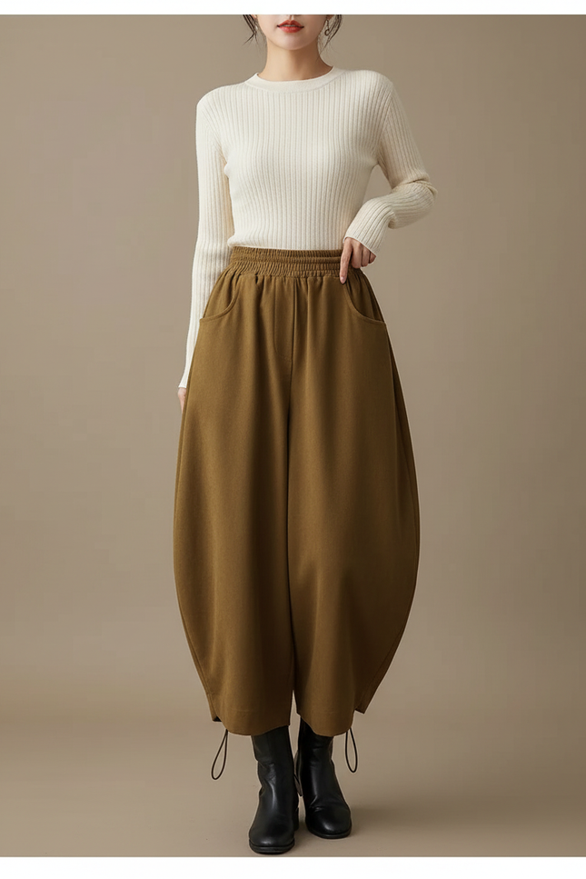Pantalon Parachute Coton Ample Marron Taille Haute Femme - Molleton