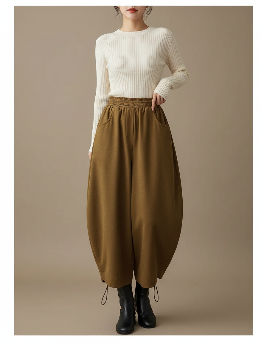 Pantalon Parachute Coton Ample Marron Taille Haute Femme - Molleton