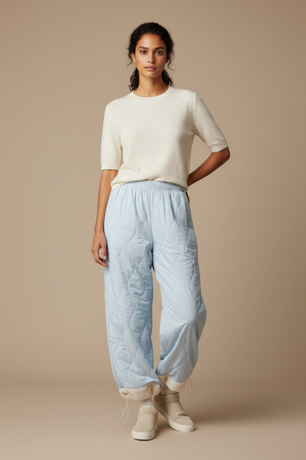 Pantalon Parachute Bleu Ciel Matelassé Doublé Polaire Ample Femme - Polyester