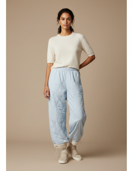 Pantalon Parachute Bleu Ciel Matelassé Doublé Polaire Ample Femme - Polyester
