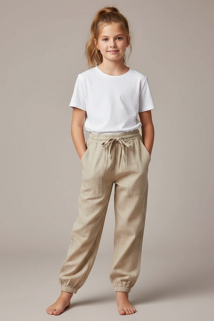 Pantalon Parachute Beige Coton Lin Ample Enfant