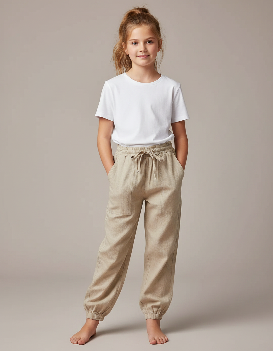 Pantalon Parachute Beige Coton Lin Ample Enfant