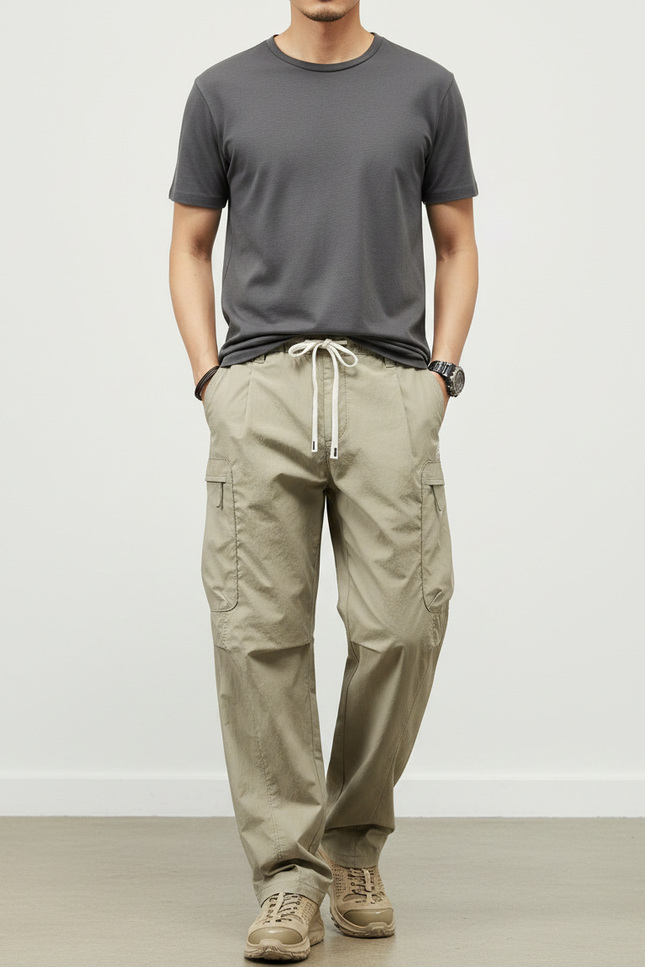 Pantalon Parachute Kaki Ample Décontracté Homme Cordon - Polyester