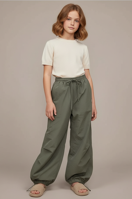 Pantalon Parachute Vert Ample Fluide Décontracté Femme - Kaki Polyester