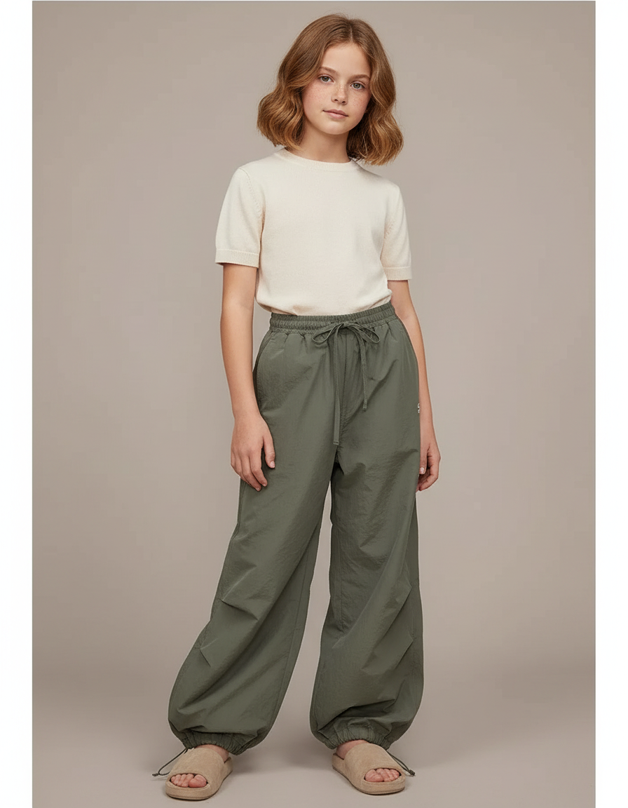 Pantalon Parachute Vert Ample Fluide Décontracté Femme - Kaki Polyester