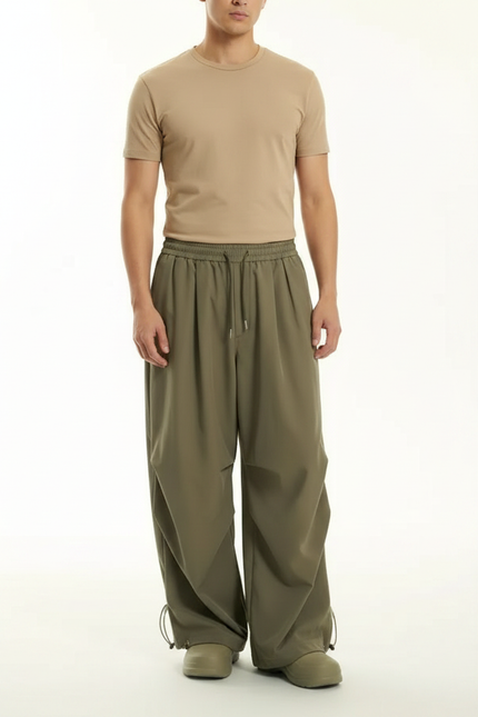 Pantalon Parachute Vert Kaki Ample Cordon Décontracté Homme - Polyester