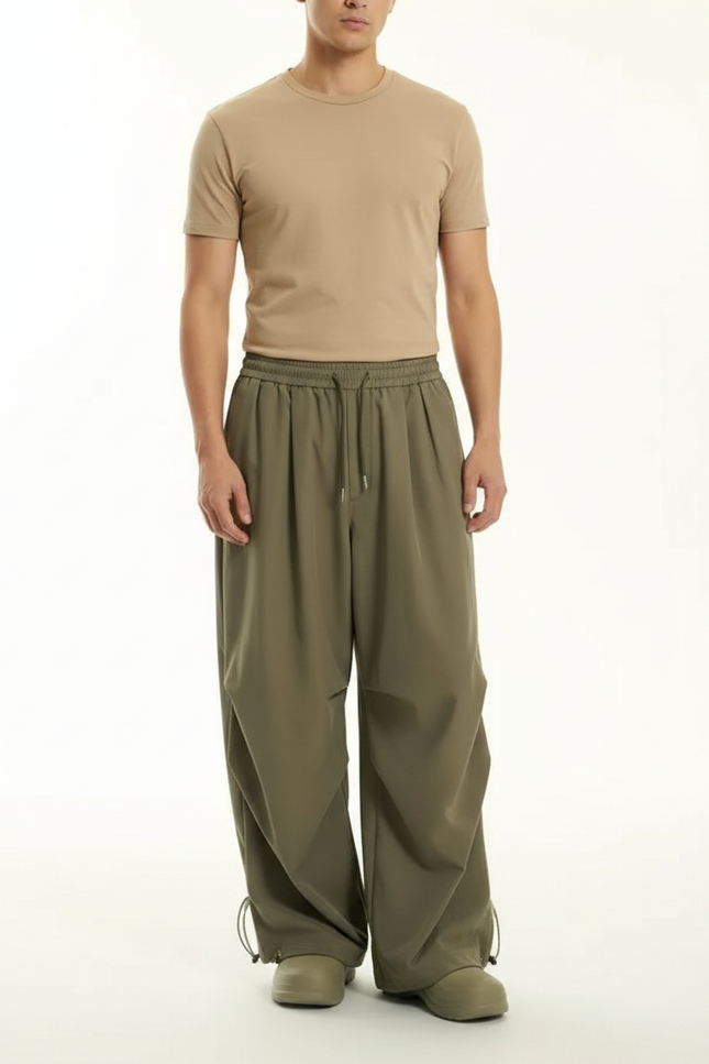 Pantalon Parachute Vert Kaki Ample Cordon Décontracté Homme - Polyester