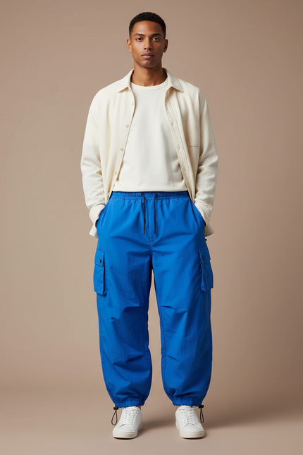 Pantalon Parachute Bleu Électrique Ample Cargo Cordon - Polyester