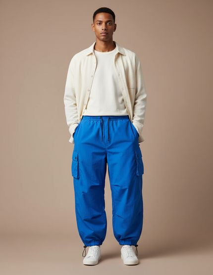 Pantalon Parachute Bleu Électrique Ample Cargo Cordon - Polyester