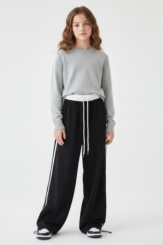 Pantalon Parachute Fille Noir Resserré Aux Chevilles - Molleton