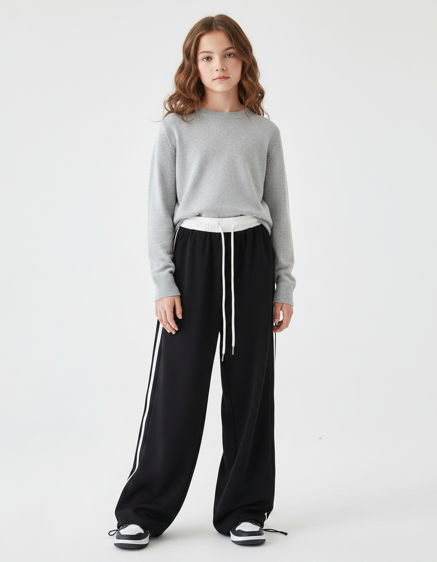 Pantalon Parachute Fille Noir Resserré Aux Chevilles - Molleton