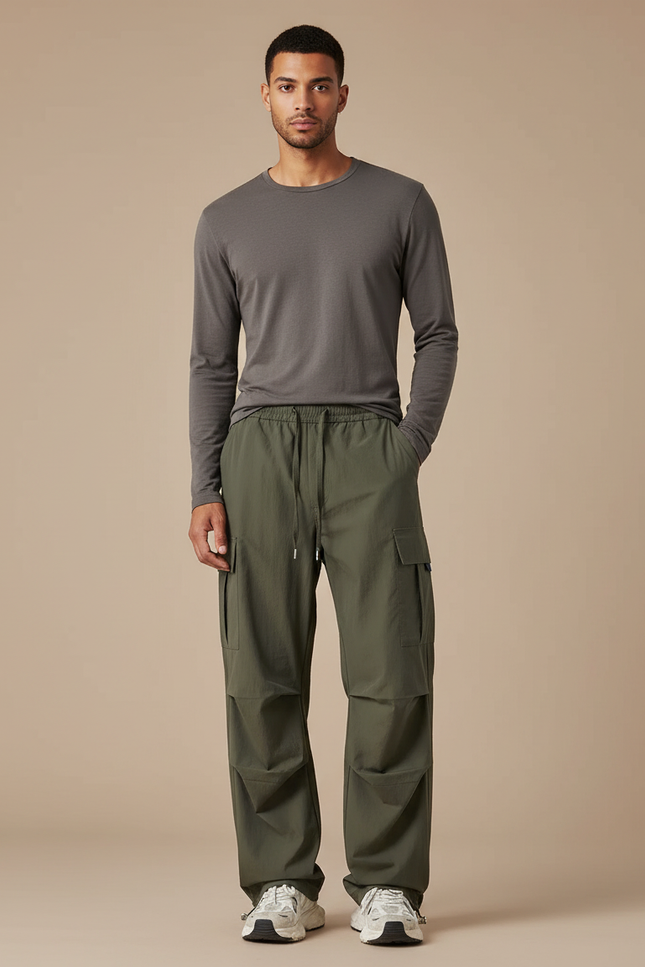 Pantalon Parachute Kaki Ample Cargo Cordon Décontracté - Polyester
