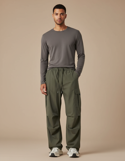Pantalon Parachute Kaki Ample Cargo Cordon Décontracté - Polyester
