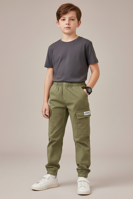 Pantalon Parachute Kaki Cargo Coton Confortable Enfant - Gabardine