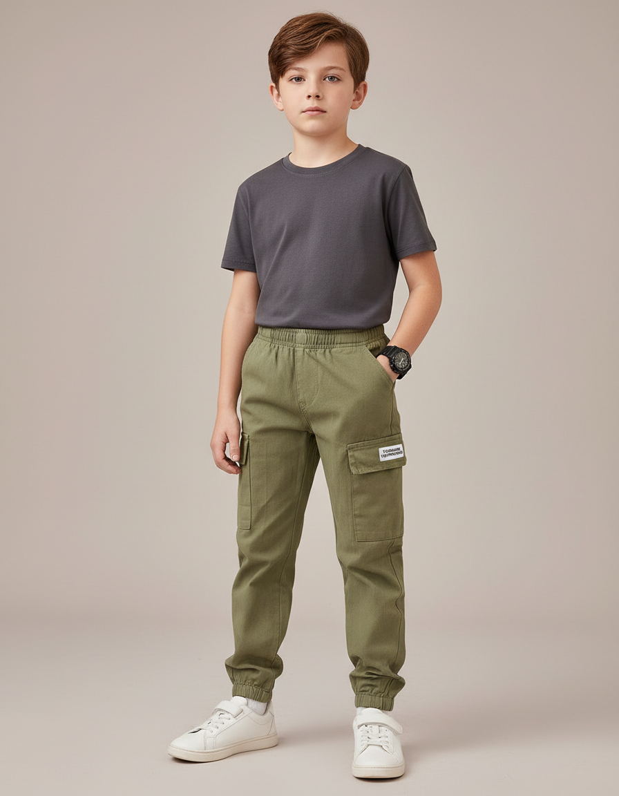 Pantalon Parachute Kaki Cargo Coton Confortable Enfant - Gabardine