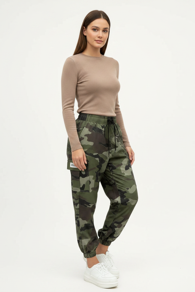 Pantalon Parachute Camouflage Ample Cargo Cordon - Multicolore Polyester