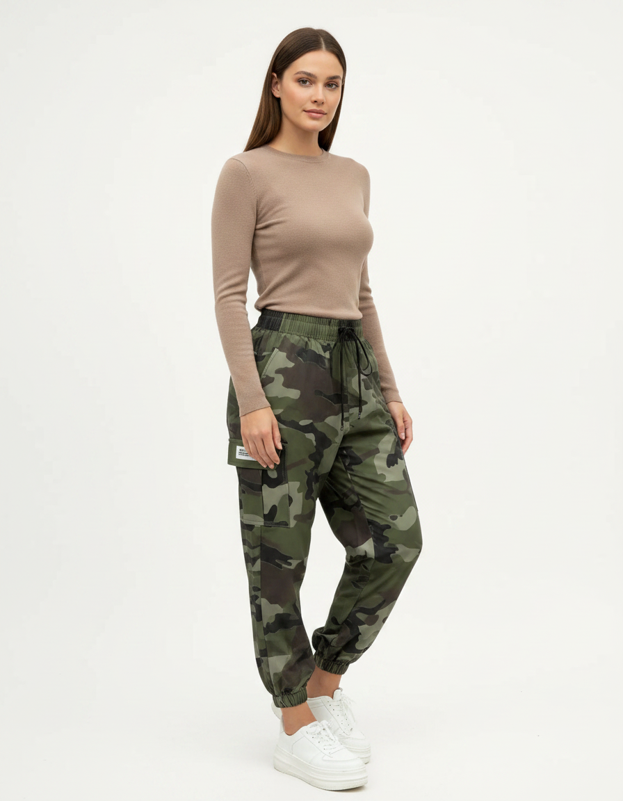 Pantalon Parachute Camouflage Ample Cargo Cordon - Multicolore Polyester