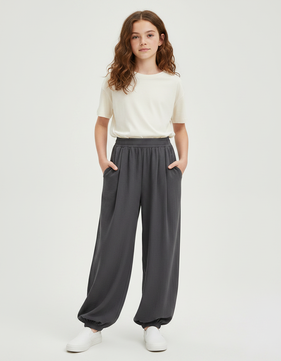 Pantalon Parachute Gris Ample Confortable Fille - Viscose