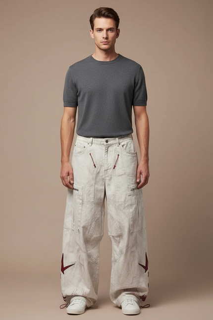 Pantalon Parachute Blanc Cargo Ample Denim Homme - Jean