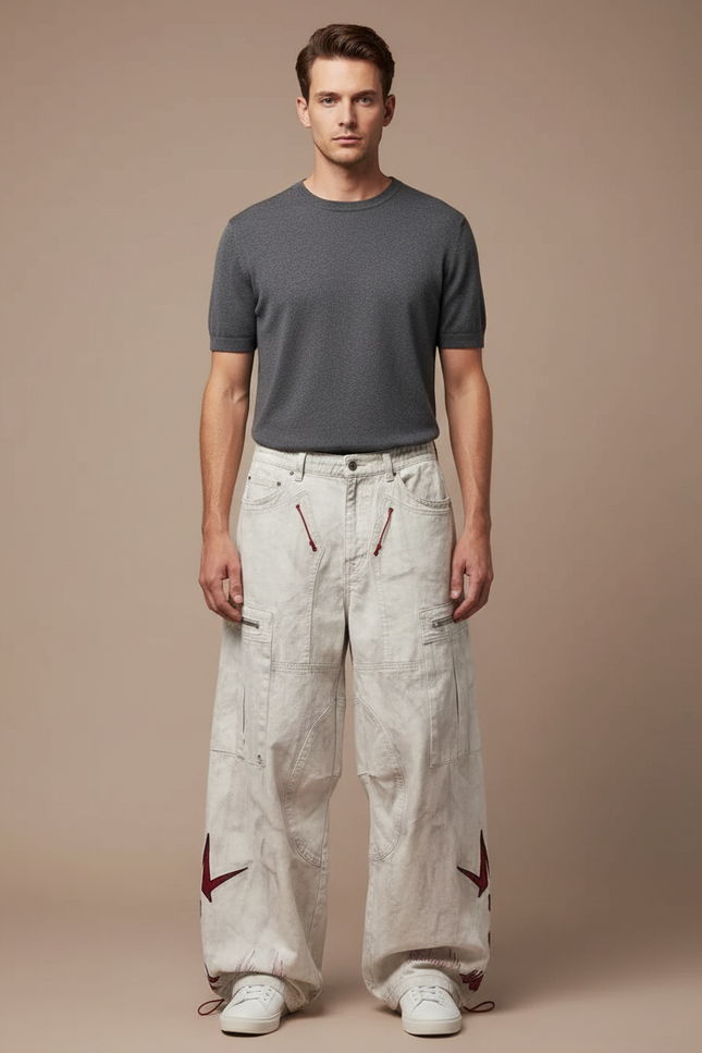 Pantalon Parachute Blanc Cargo Ample Denim Homme - Jean