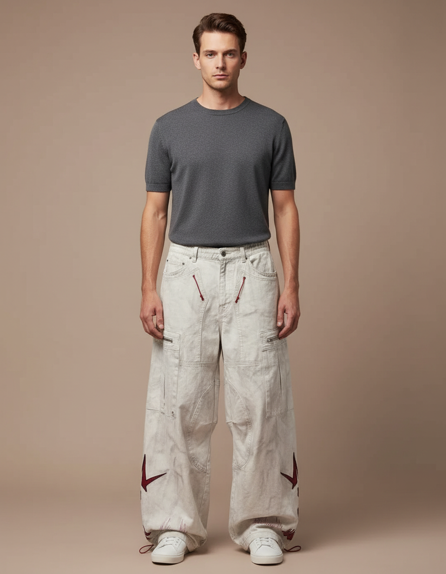 Pantalon Parachute Blanc Cargo Ample Denim Homme - Jean