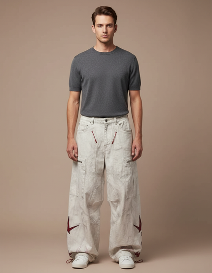 Pantalon Parachute Blanc Cargo Ample Denim Homme - Jean