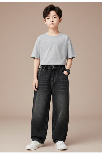 Pantalon Parachute Denim Noir Ample Garçon Décontracté - Jean