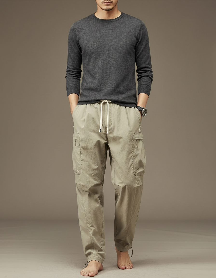 Pantalon Parachute Kaki Cargo Décontracté Cordon Homme - Polyester