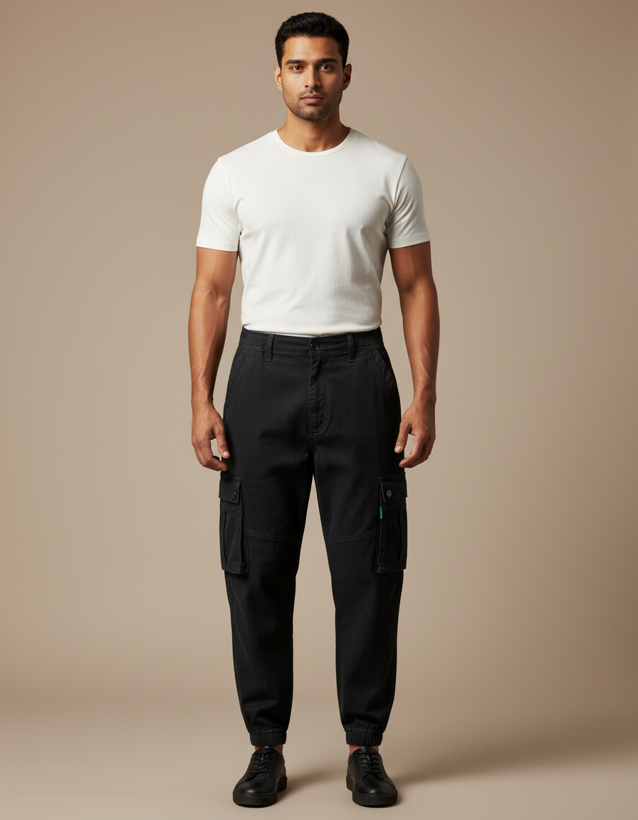 Pantalon Parachute Noir Cargo Ample Jogger Homme - Toile