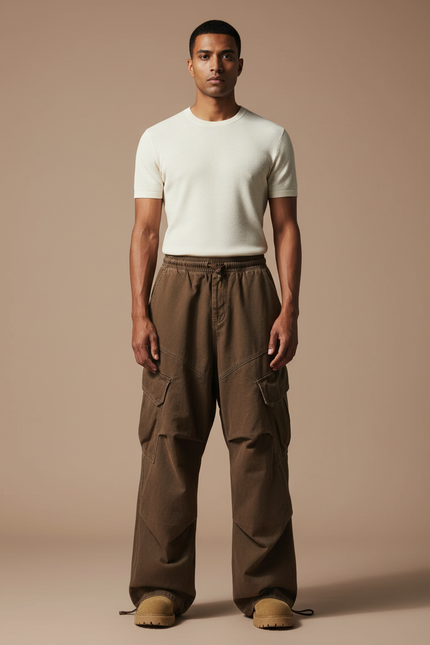 Pantalon Parachute Marron Cargo Ample Coton Homme