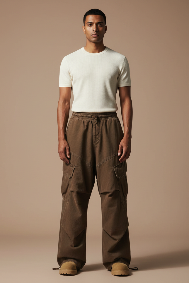 Pantalon Parachute Marron Cargo Ample Coton Homme