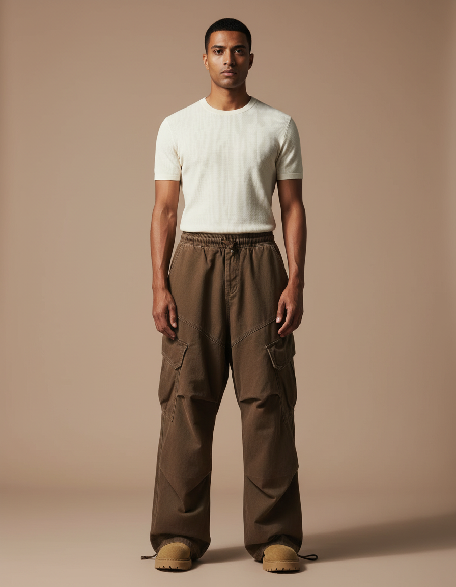 Pantalon Parachute Marron Cargo Ample Coton Homme