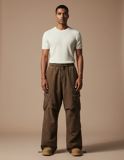 Pantalon Parachute Marron Cargo Ample Coton Homme