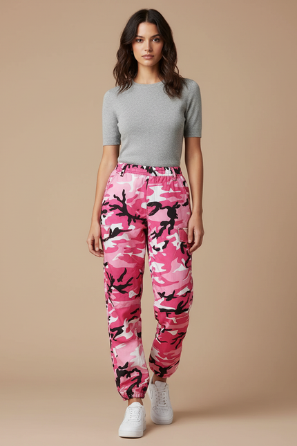 Pantalon Parachute Rose Camouflage Ample Décontracté Femme - Polyester