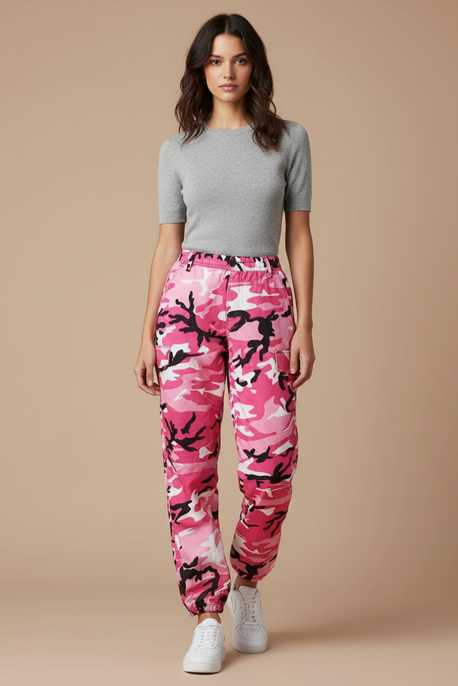 Pantalon Parachute Rose Camouflage Ample Décontracté Femme - Polyester
