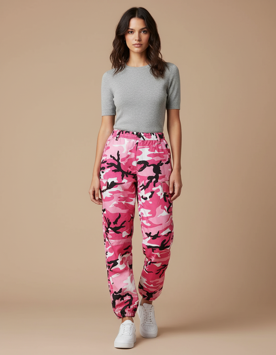 Pantalon Parachute Rose Camouflage Ample Décontracté Femme - Polyester
