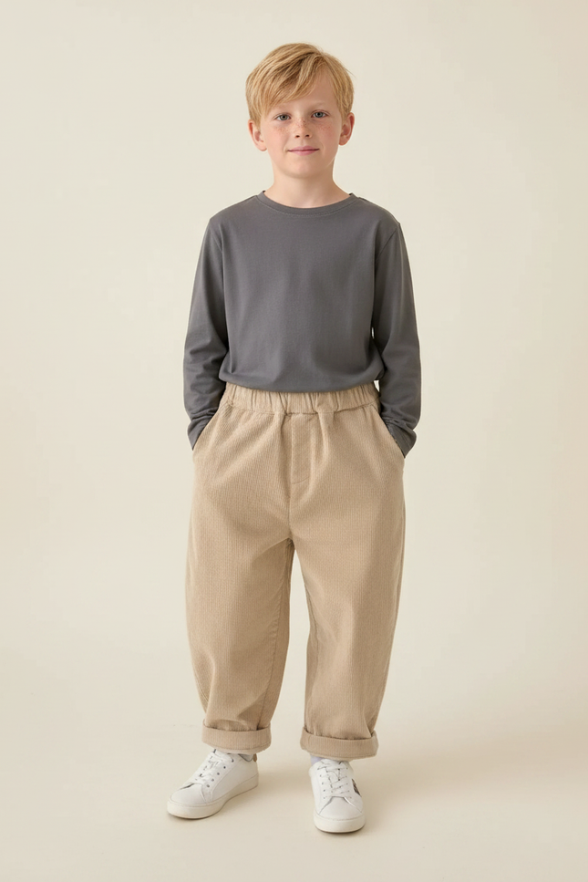 Pantalon Parachute Beige Côtelé Ample Élastiqué Enfant - Cordé