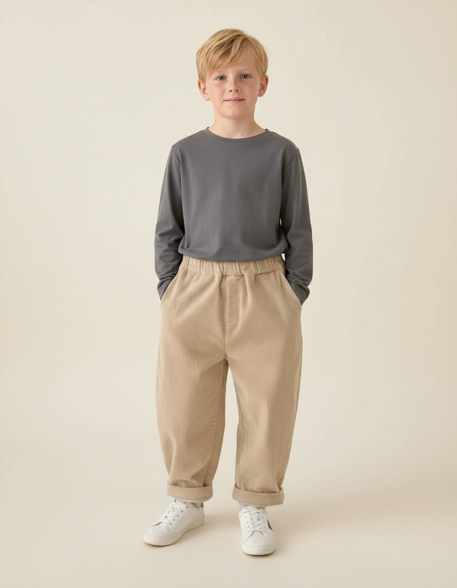 Pantalon Parachute Beige Côtelé Ample Élastiqué Enfant - Cordé