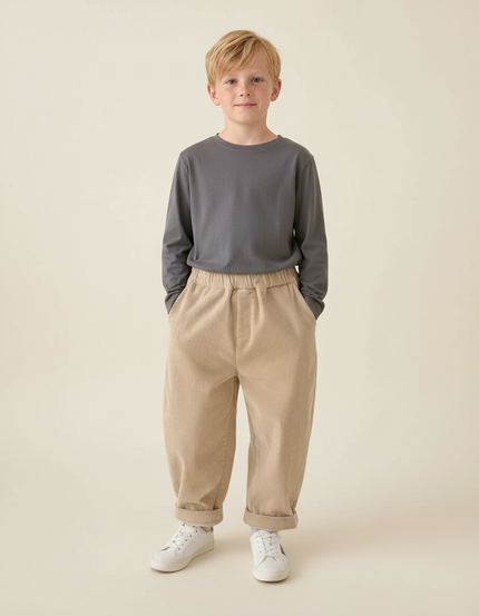 Pantalon Parachute Beige Côtelé Ample Élastiqué Enfant - Cordé