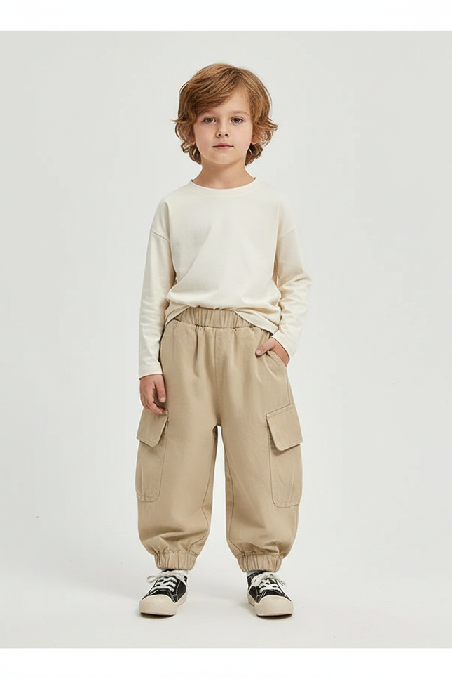 Pantalon Parachute Cargo Ample Beige Coton Enfant