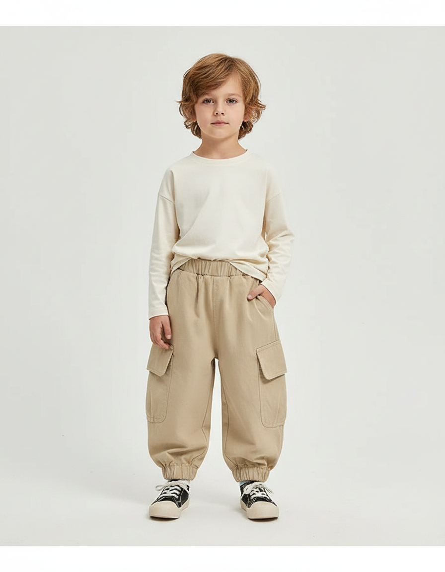 Pantalon Parachute Cargo Ample Beige Coton Enfant