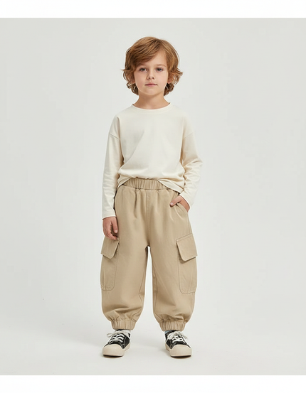Pantalon Parachute Cargo Ample Beige Coton Enfant