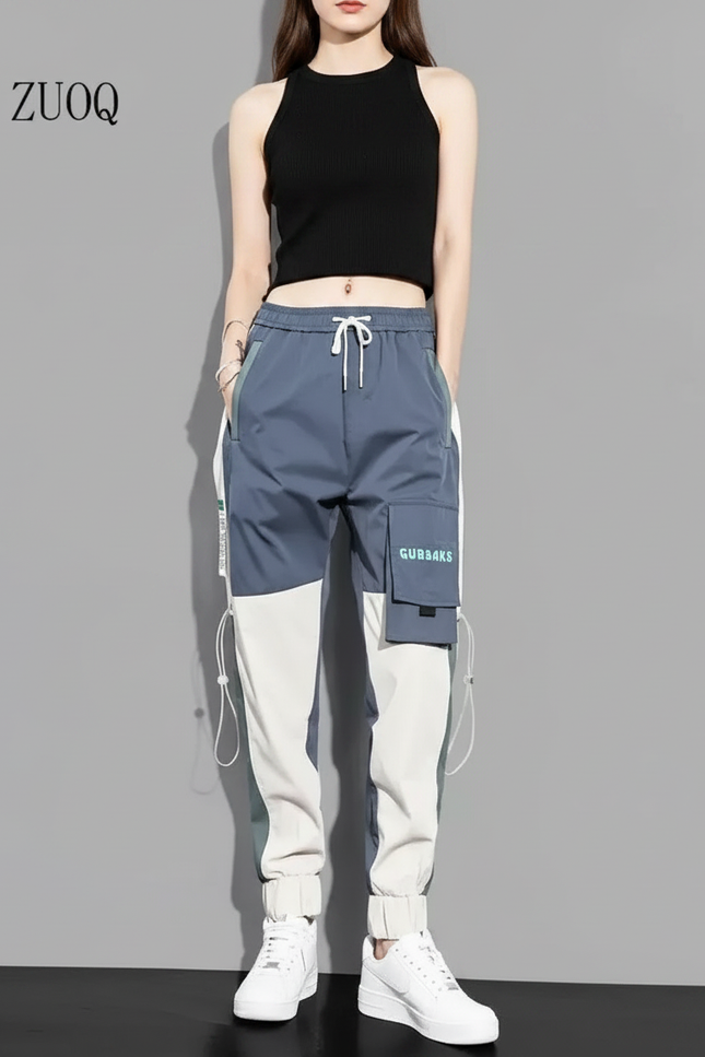 Pantalon Parachute Bicolore Cargo Streetwear Cordon Femme - Multicolore Polyester